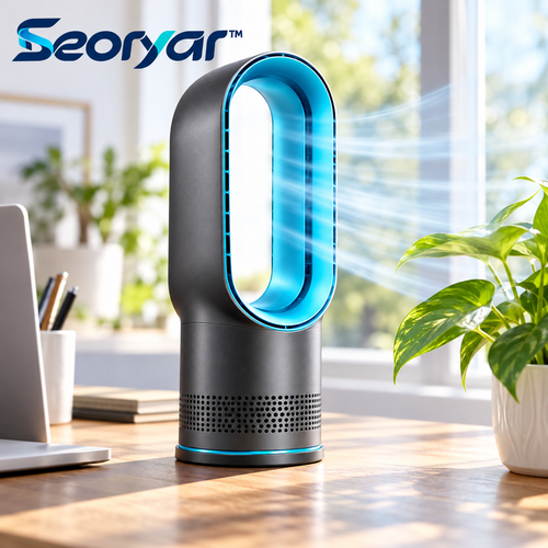 Seoryar™ Compact Bladeless Desk Fan – Modern Oval-Outlet Personal Fan for Home Office Desks, Study Tables & Bedside Spaces