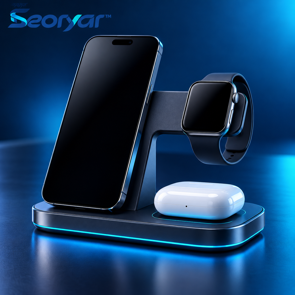 Seoryar™ 3-in-1 Wireless Charging Station – Organized Desktop Charging Stand for Compatible Smartphones, Smartwatches & Wireless Earbud Cases