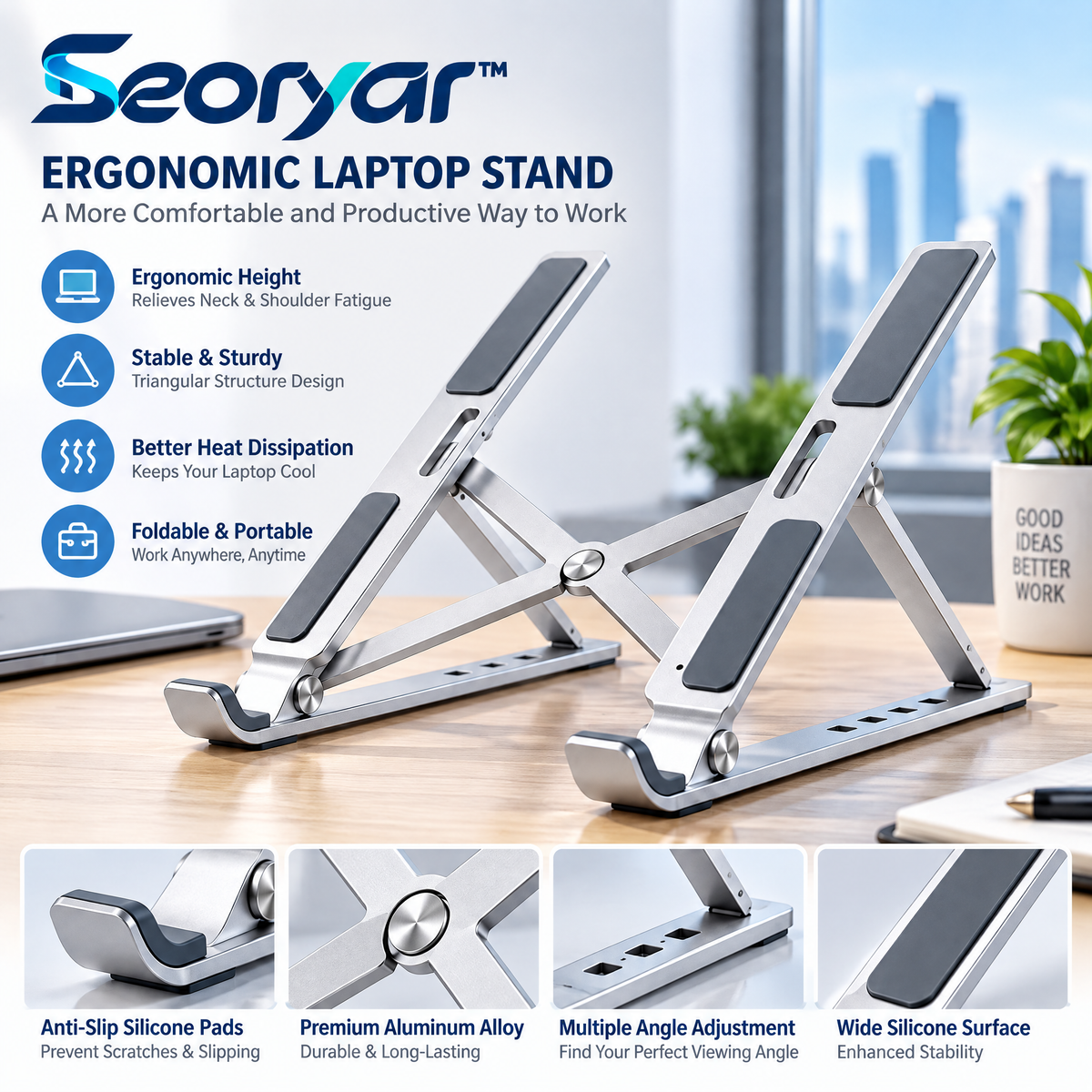 Seoryar™ Adjustable Folding Aluminum Laptop Stand – Elevated Open-Frame Laptop Support for Home Office Desks, Study Spaces & Everyday Workstations