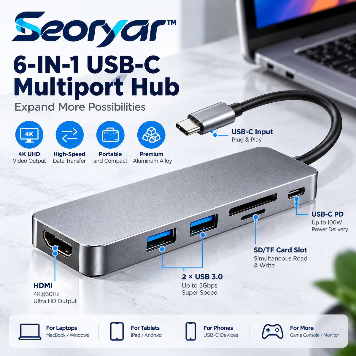 Seoryar™ USB-C Multiport Hub – Compact Aluminum Connection Hub for Compatible Laptops, Desktop Accessories & Portable Workstations