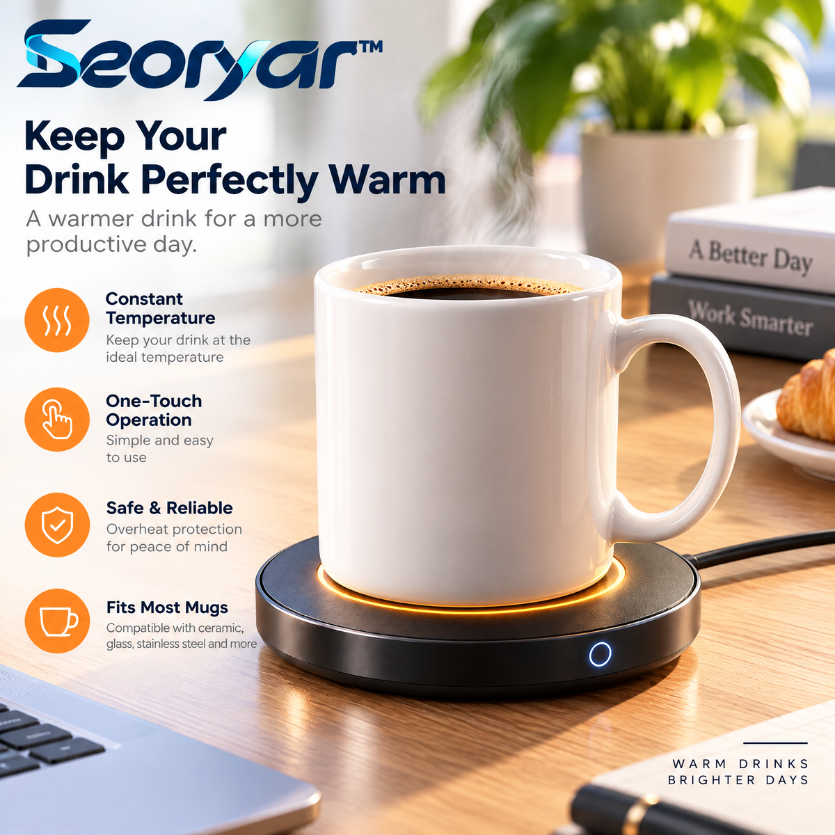 Seoryar™ Electric Mug Warming Coaster – Slim Desktop Beverage Warmer for Compatible Coffee Cups, Tea Mugs & Everyday Office Routines