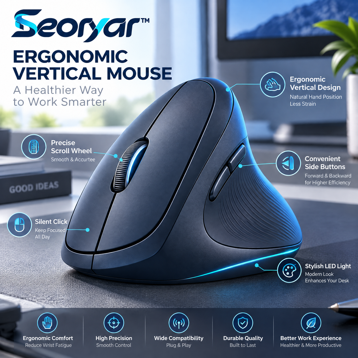 Seoryar™ Ergonomic Vertical Wireless Mouse – Contoured Upright Mouse with Textured Grip for Home Office, Browsing & Everyday Computer Work