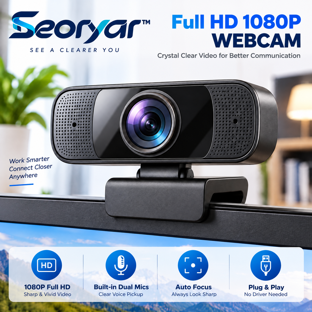 Seoryar™ HD Office Webcam – Compact Monitor-Mounted Camera with Adjustable Clip for Video Meetings, Remote Work & Online Learning