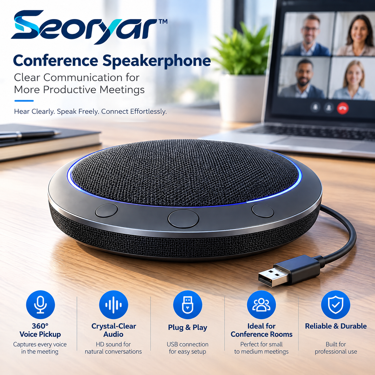 Seoryar™ USB Conference Speakerphone – Desktop Speaker & Microphone with Accessible Controls for Home Office Calls and Small-Group Meetings