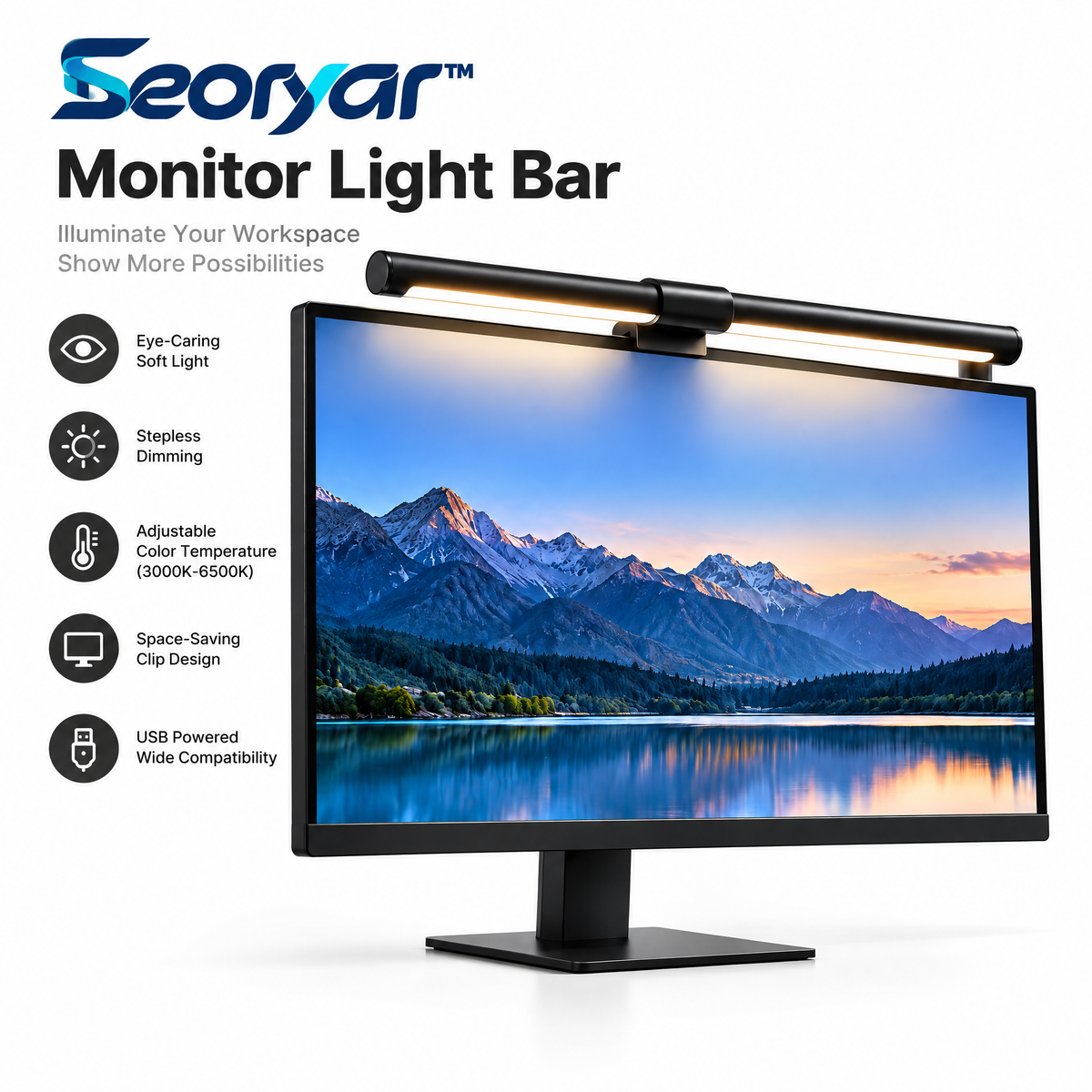 Seoryar™ LED Monitor Light Bar – Space-Saving Screen-Mounted Task Light for Keyboards, Reading Materials & Home Office Desks