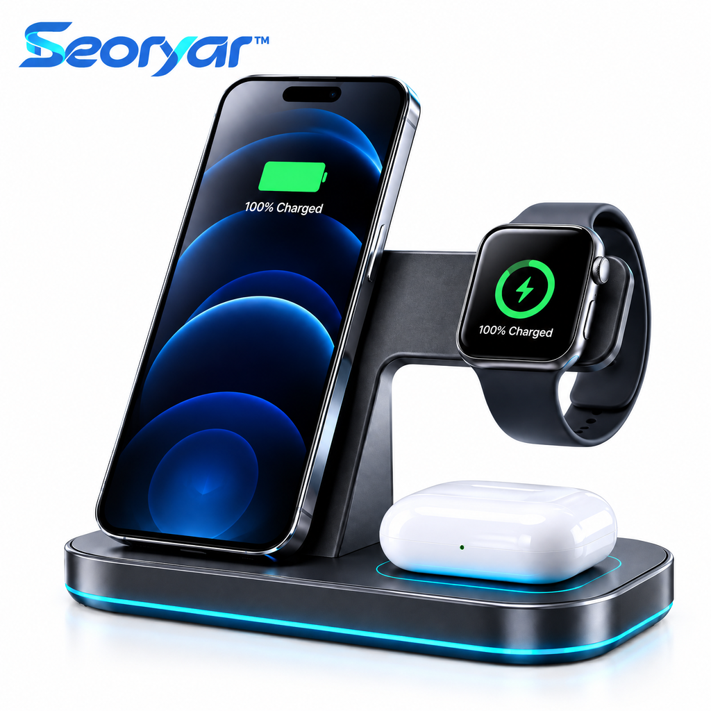Seoryar™ 3-in-1 Wireless Charging Station – Organized Desktop Charging Stand for Compatible Smartphones, Smartwatches & Wireless Earbud Cases