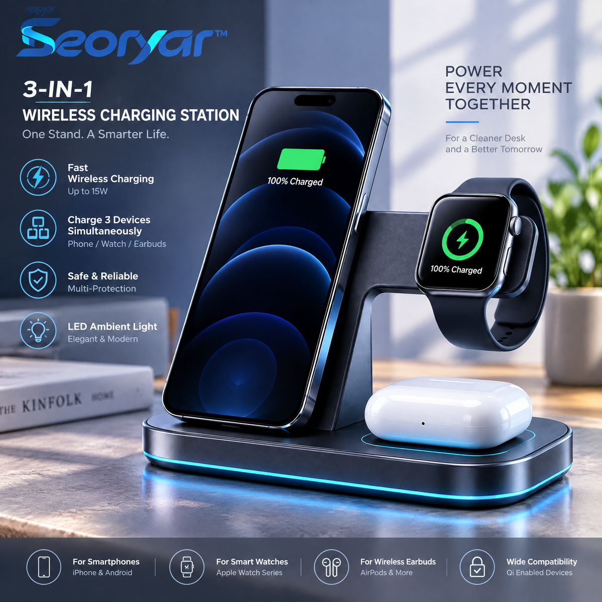 Seoryar™ 3-in-1 Wireless Charging Station – Organized Desktop Charging Stand for Compatible Smartphones, Smartwatches & Wireless Earbud Cases