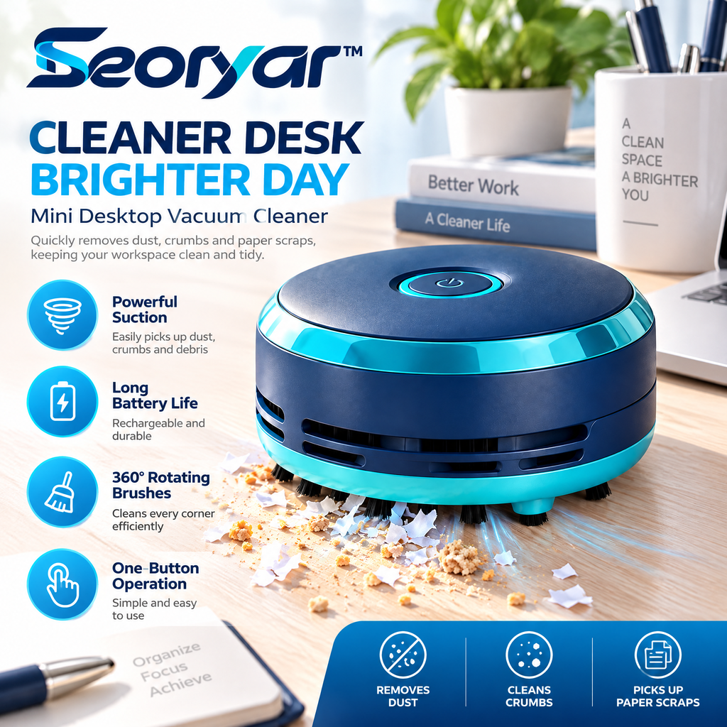 Seoryar™ USB Mini Desktop Vacuum – Compact Desk Cleaner for Crumbs, Eraser Residue, Dust & Everyday Surface Cleanup