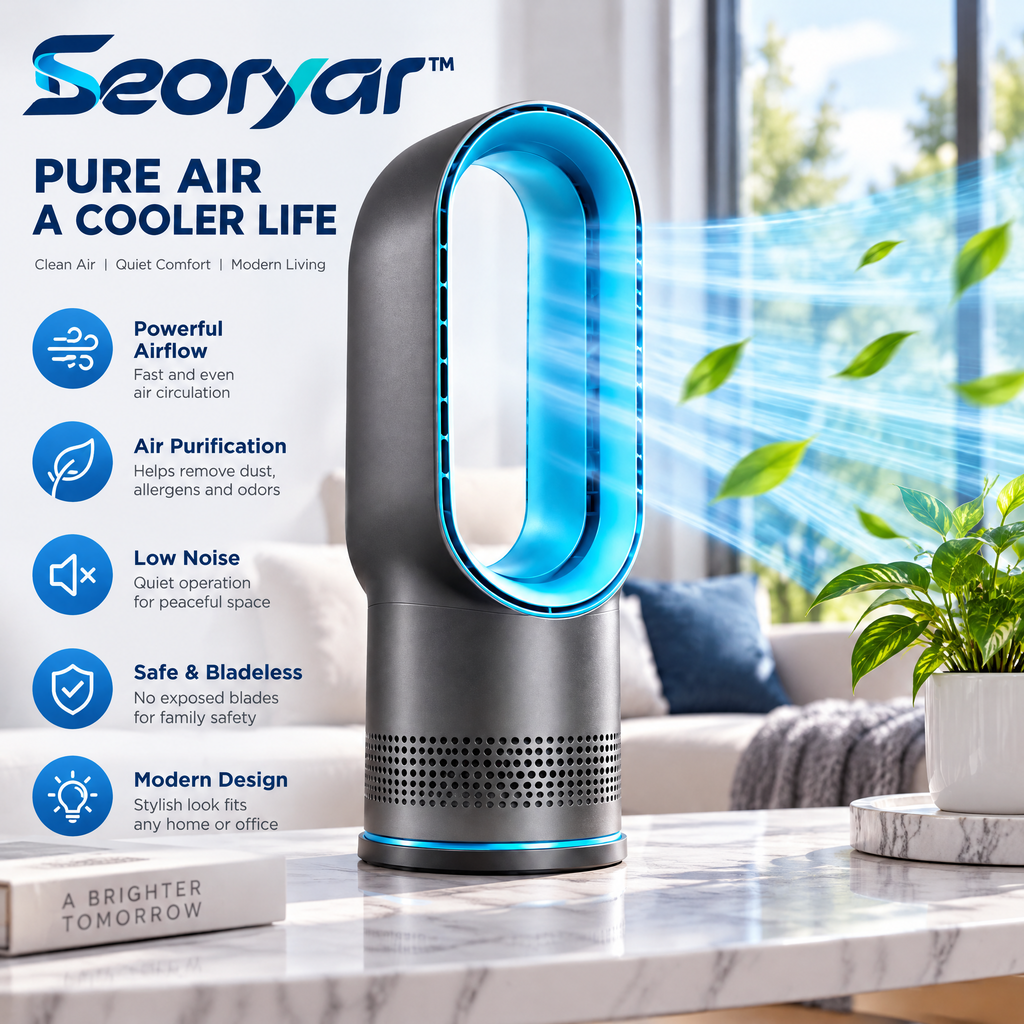 Seoryar™ Compact Bladeless Desk Fan – Modern Oval-Outlet Personal Fan for Home Office Desks, Study Tables & Bedside Spaces
